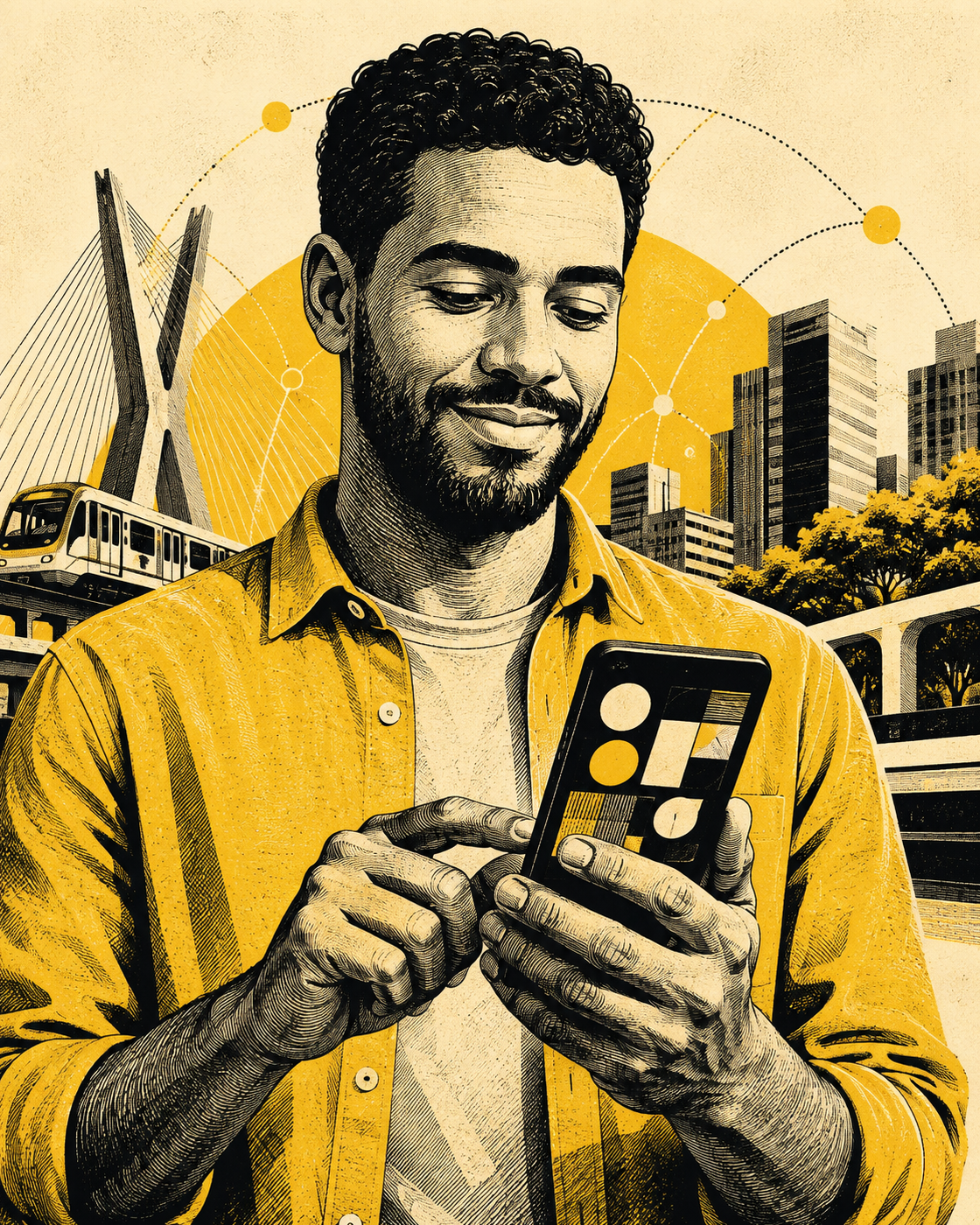 Ilustração de uma pessoa usando serviços digitais em uma cidade conectada